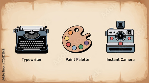 Vintage typewriter, paint palette, and instant camera on a beige background, representing creativity, art, writing, photography, and retro aesthetics