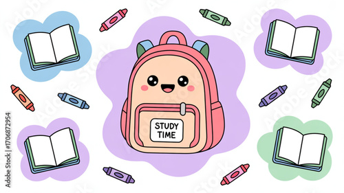 Cute cartoon school backpack with crayons and books back to school concept with happy kawaii backpack and school supplies