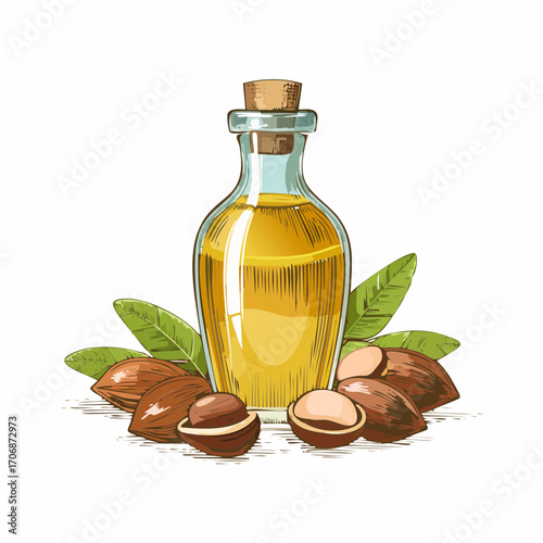 Pure golden argan oil in glass bottle surrounded by rich argan nuts and green leaves, natural ingredient