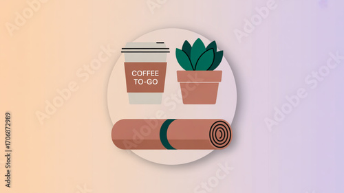 Coffee to go, yoga mat and plant vector illustration of a coffee cup, rolled mat and a potted plant on a circle