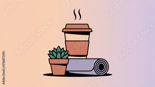 Aesthetic illustration of a coffee cup, succulent, and yoga mat, perfect for a wellness blog or social media post about selfcare and healthy habits