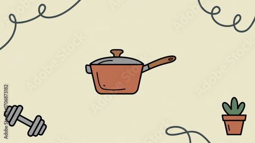 Whimsical illustration of a cooking pot, dumbbell, and succulent, perfect for a blog about healthy cooking and fitness