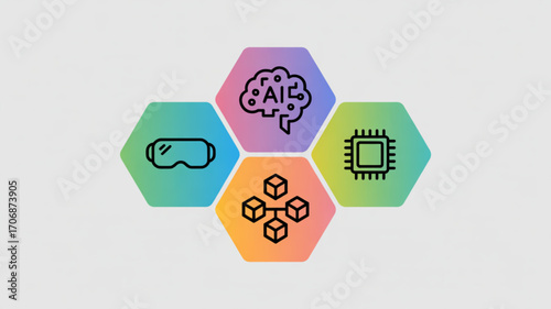 Illustration of vr headset, ai brain, chip and blockchain technology concept of artificial intelligence, virtual reality and future