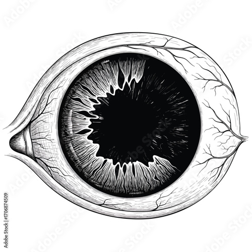 Detailed black and white handdrawn illustration of a human eyeball with prominent veins.