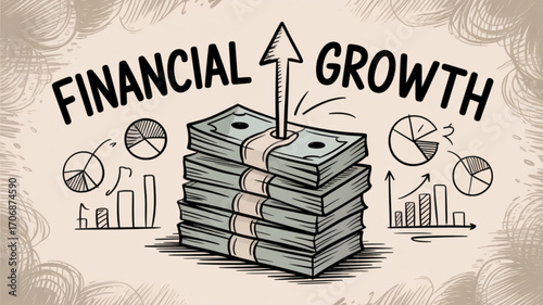 Handdrawn illustration of financial growth with money stacks, charts, and an arrow pointing upwards, symbolizing investment success and economic progress
