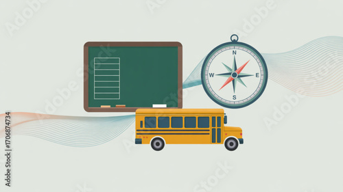 A clean illustration of education elements, including a blackboard, compass, and school bus, , representing learning and knowledge