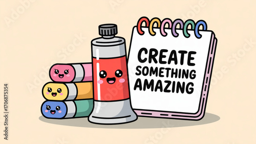 Create something amazing a cute illustration of art supplies, including paint tubes and a notebook, inspiring creativity and artistic expression