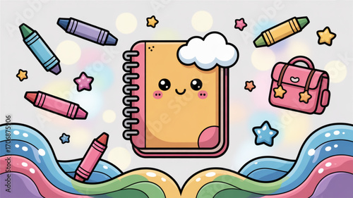 A charming cartoon illustration showcasing school supplies, featuring a notebook, crayons, a satchel, stars, and a rainbow wave, all set against a soft bokeh background