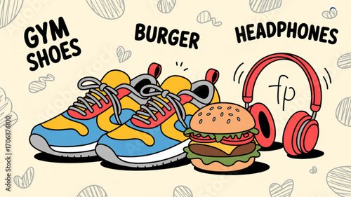 Handdrawn illustration of gym shoes, burger, and headphones, representing a balanced lifestyle of fitness, indulgence, and entertainment on
