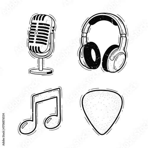 Handdrawn collection of music icons featuring a vintage microphone headphones a musical note and a guitar pick.