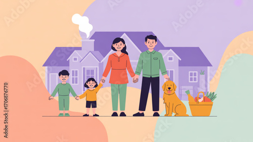 A happy family stands in front of their house, with their dog and a picnic basket, illustrating a sense of home, togetherness, and family values