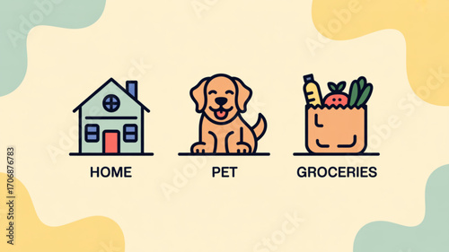 Illustration of home, pet, and groceries icons, symbolizing essential aspects of life and domestic wellbeing, creating a sense of comfort