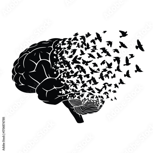 Human brain silhouette dissolving and breaking apart into a flock of flying birds.