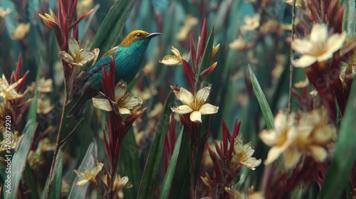 Fototapeta Naklejka Na Ścianę i Meble -  Vibrant bird amidst lush flowers