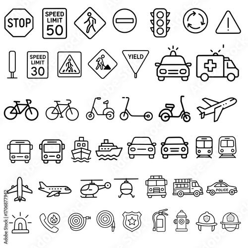 Transportation Icons Set: Traffic, Vehicles, Emergency Services Outline