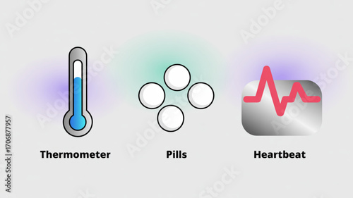 Medical icons showing a thermometer, pills, and a heartbeat on a light gray background representing healthcare and medical treatment for patients