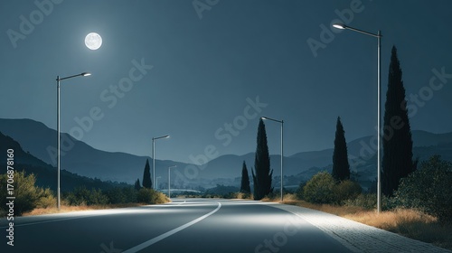 Empty road at night under a full moon.  Street lamps illuminate the way