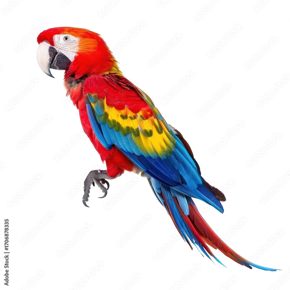 Obraz premium A vibrant red and green macaw perched on a transparent background.
