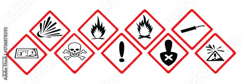 Globally Harmonized System (GHS) hazard Warning symbols with red outline isolated on transparent background. All 9 GHS chemical labelling stickers 
