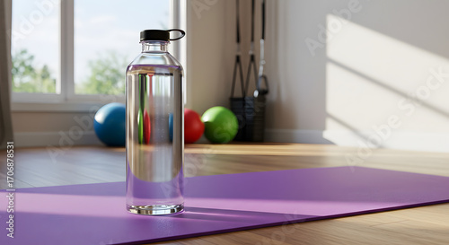 A clear water bottle sits on a purple yoga mat in a sunlit room ready for a home workout.