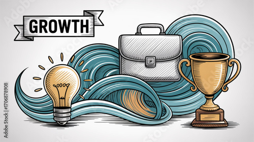 Hand drawn illustration of business growth concept with light bulb, trophy, briefcase, and growth banner