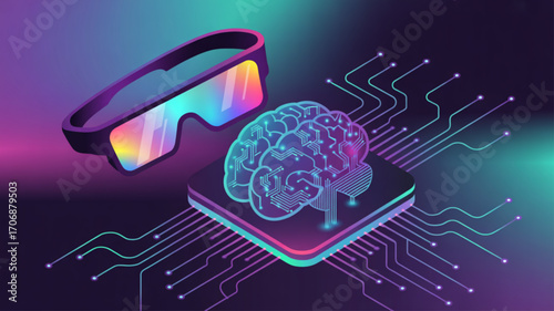 A futuristic concept showcasing augmented reality glasses and an ai brain on a circuit board, representing technological advancement and artificial intelligence