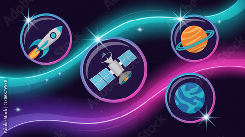 A vibrant space exploration theme featuring a rocket, satellite, and planets in glowing circles against a dark backdrop, symbolizing cosmic adventures