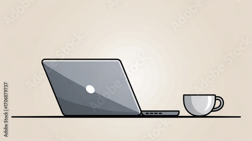 Minimalist laptop and coffee cup illustration, , conveying a clean and modern aesthetic for remote work or study concepts