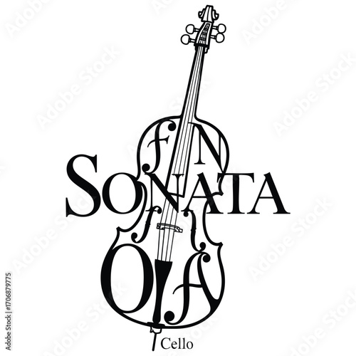 Stylized cello graphic with the word Sonata forming its body a creative typographic music logo.