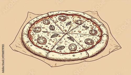 Detailed hand-drawn pizza with tomato and basil, vintage sketch style.