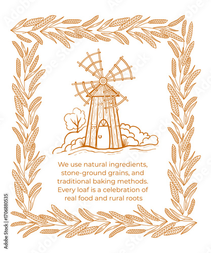 Packaging design featuring traditional baking methods with a rustic windmill illustration