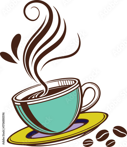 Vibrant coffee cup illustration with swirling steam and coffee beans. A lively design perfect for cafés, menus, branding, packaging, or coffee-inspired décor.