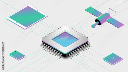 Isometric illustration of a central processing unit cpu connected to various devices like a tablet, smartphone, satellite, and smartwatch