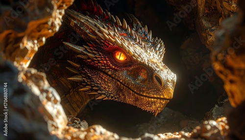 Head of a crimson dragon peeking through molten lava cave, glowing amber eyes
