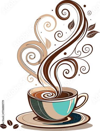 Stylish coffee cup design with swirling steam and natural leaf accents. Perfect for coffee shops, branding, décor, posters, or gifts for coffee enthusiasts.