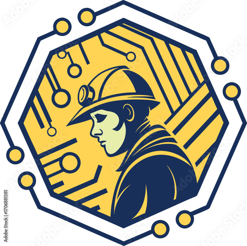 Bold vector art of a miner in a helmet, integrated with glowing circuit designs. A unique blend of technology, mining, and futuristic innovation in one striking design.