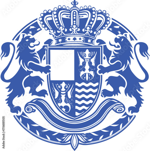 Elegant blue heraldic crest featuring a crown, shield, and twin lions. Perfect for regal designs, luxury branding, historical art, or decorative emblems with prestige.