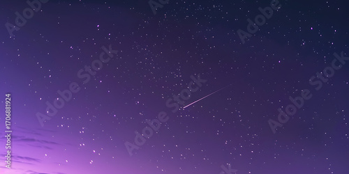 A solitary shooting star streaks across a vibrant purple night sky filled with countless stars.