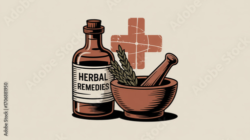 A vintage illustration depicting herbal remedies with a bottle, mortar and pestle, wheat, and a cross, evoking a sense of natural healing and wellness