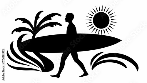Silhouette of a surfer carrying a surfboard with a palm tree sun and waves in a black and white design style