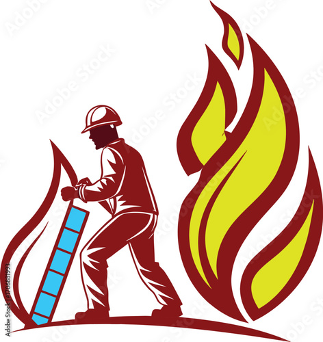 Bold firefighter illustration showing courage and strength as he carries a ladder against blazing flames. Perfect design for fire safety, rescue heroes, and bravery themes.