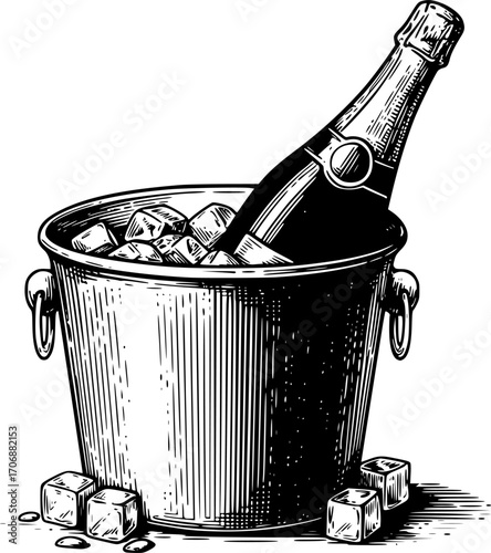 Champagne on ice bucket engraving black and white outline. Scratch board imitation. illustrated in vintage line art style on a white background.
