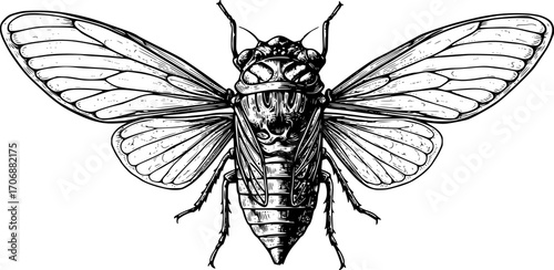 cicada insect sketch engraving black and white outline. Scratch board imitation.
