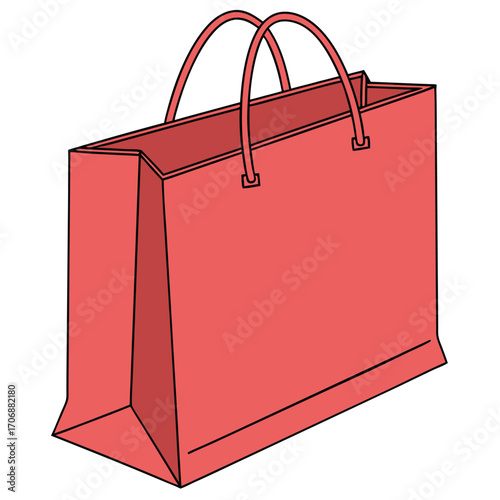 Isolated red shopping bag features dual handles and distinct black outline against white background