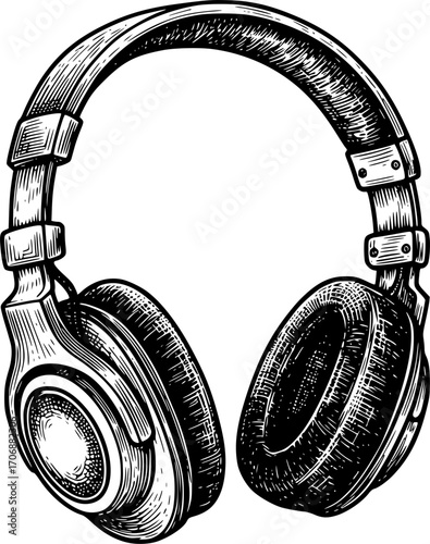 Headphone engraving black and white outline. Scratch board imitation. illustrated in vintage line art style on a white background.
