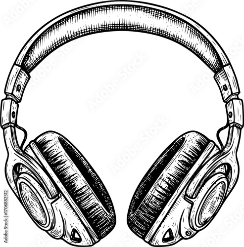 Headphone engraving black and white outline. Scratch board imitation. illustrated in vintage line art style on a white background.
