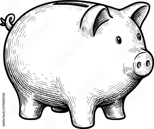 piggy bank sketch engraving black and white outline. Scratch board imitation.

