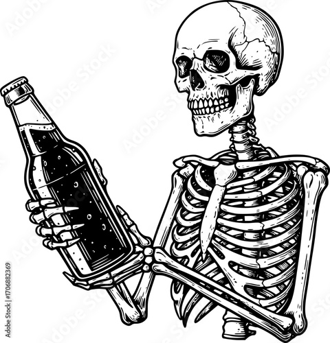 Skeleton holding beer engraving black and white outline. Scratch board imitation. illustrated in vintage line art style on a white background.
