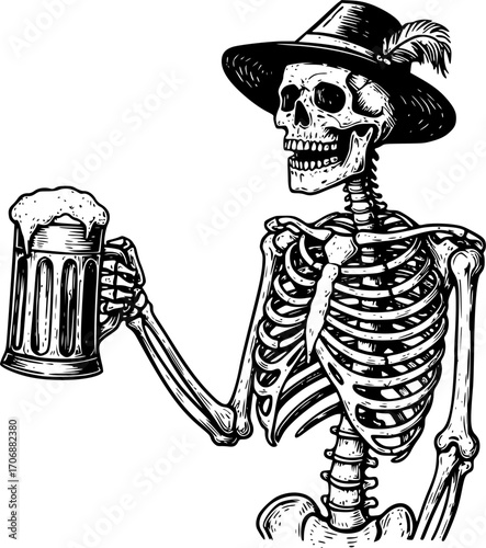 Skeleton holding beer engraving black and white outline. Scratch board imitation. illustrated in vintage line art style on a white background.
