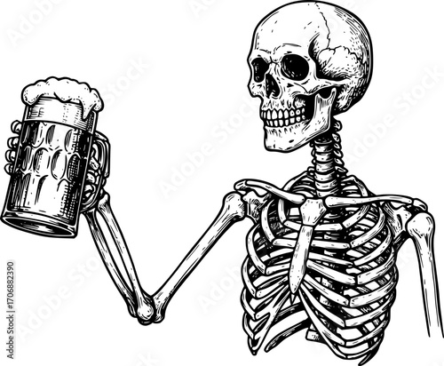 Skeleton holding beer engraving black and white outline. Scratch board imitation. illustrated in vintage line art style on a white background.
